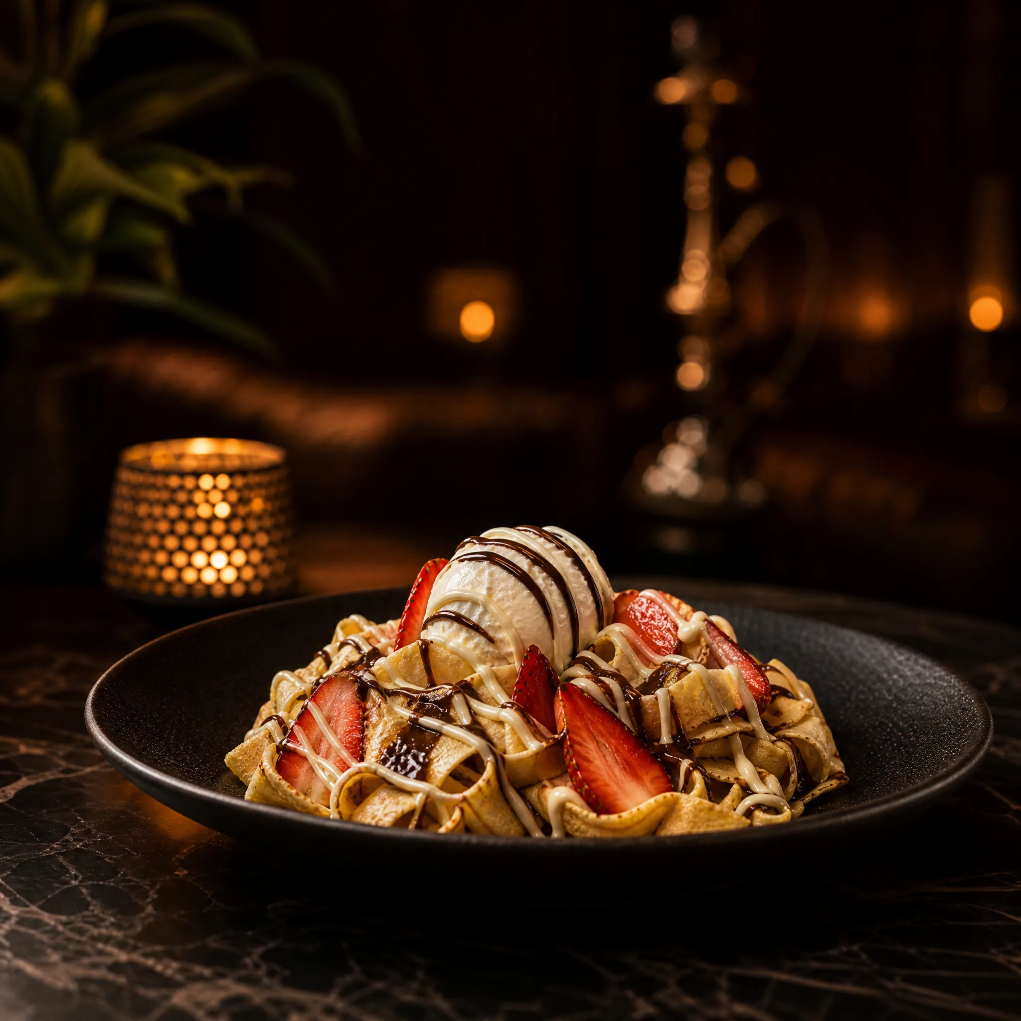 Crêpe Feitutschini mit Eis, Schokolade und Erdbeeren