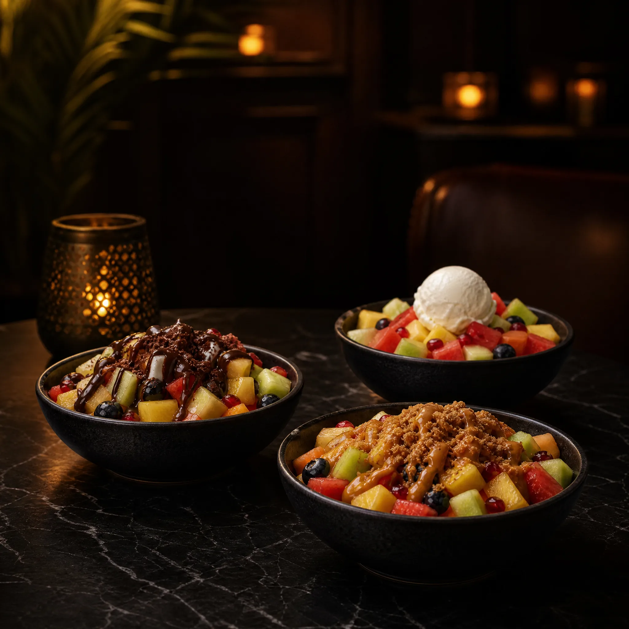 Drei Obstsalat-Varianten mit Schokolade, Eis und Keks