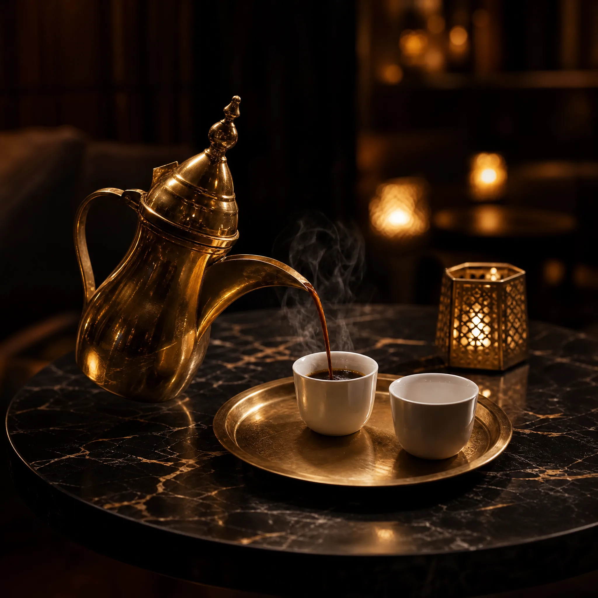Arabischer Kaffee mit Messingkanne und zwei Tassen