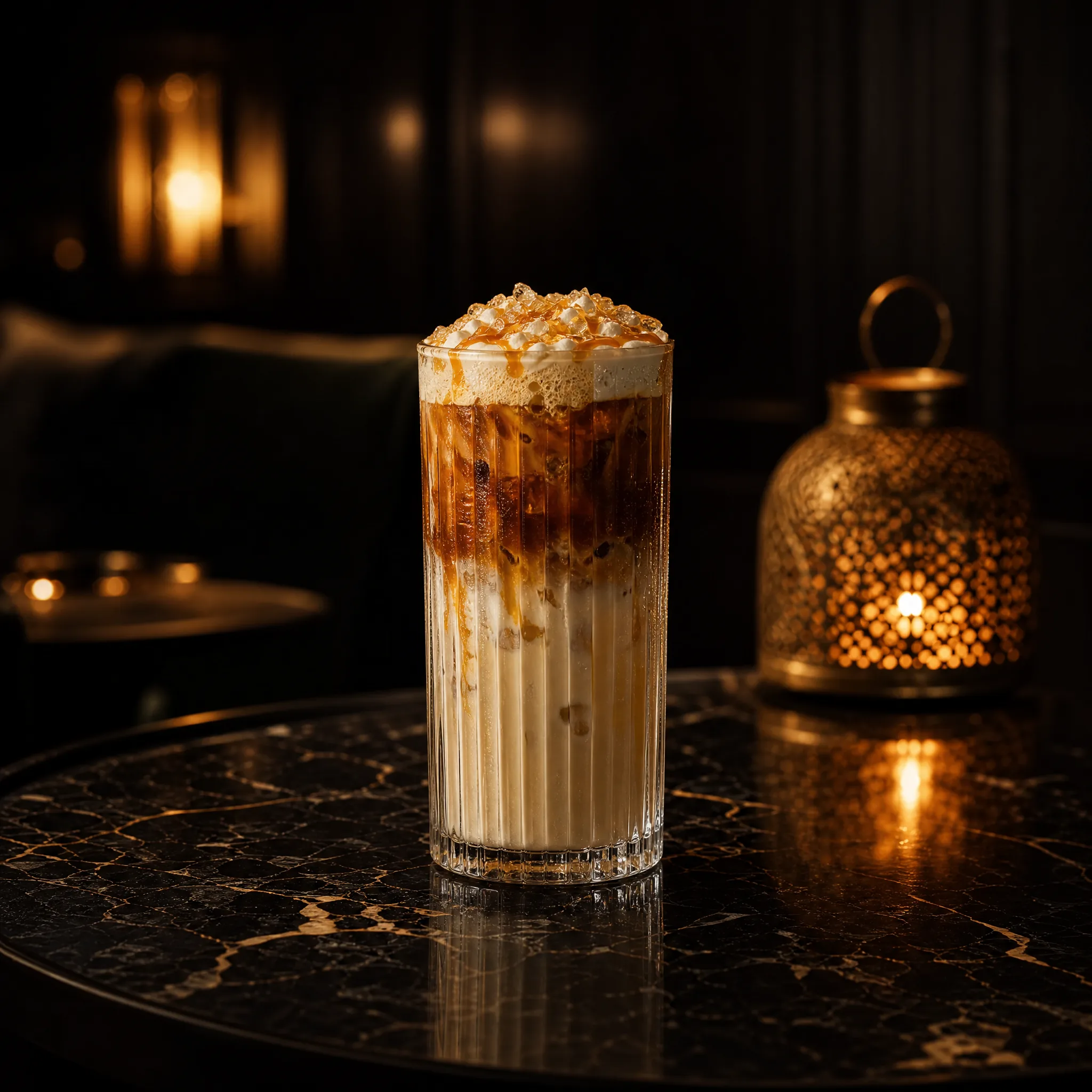 Iced Caramel Moccacino im dunklen Palms Lounge Stil