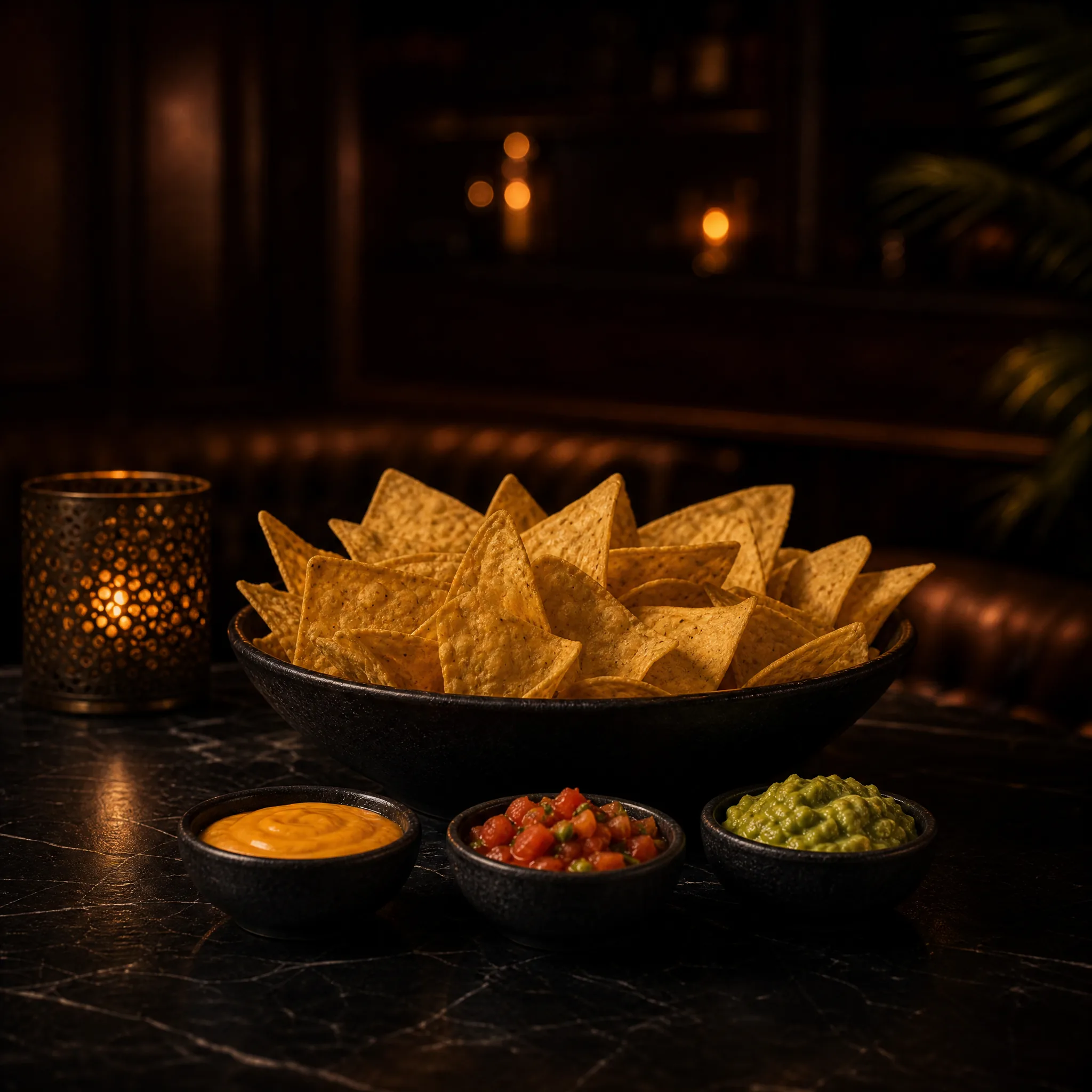 Nachos mit Cheddar, Salsa und Guacamole