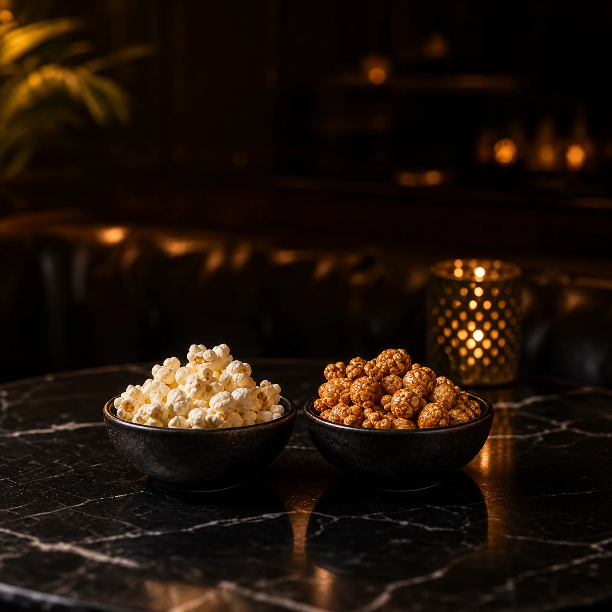 Salziges und Karamell-Popcorn in zwei Schalen